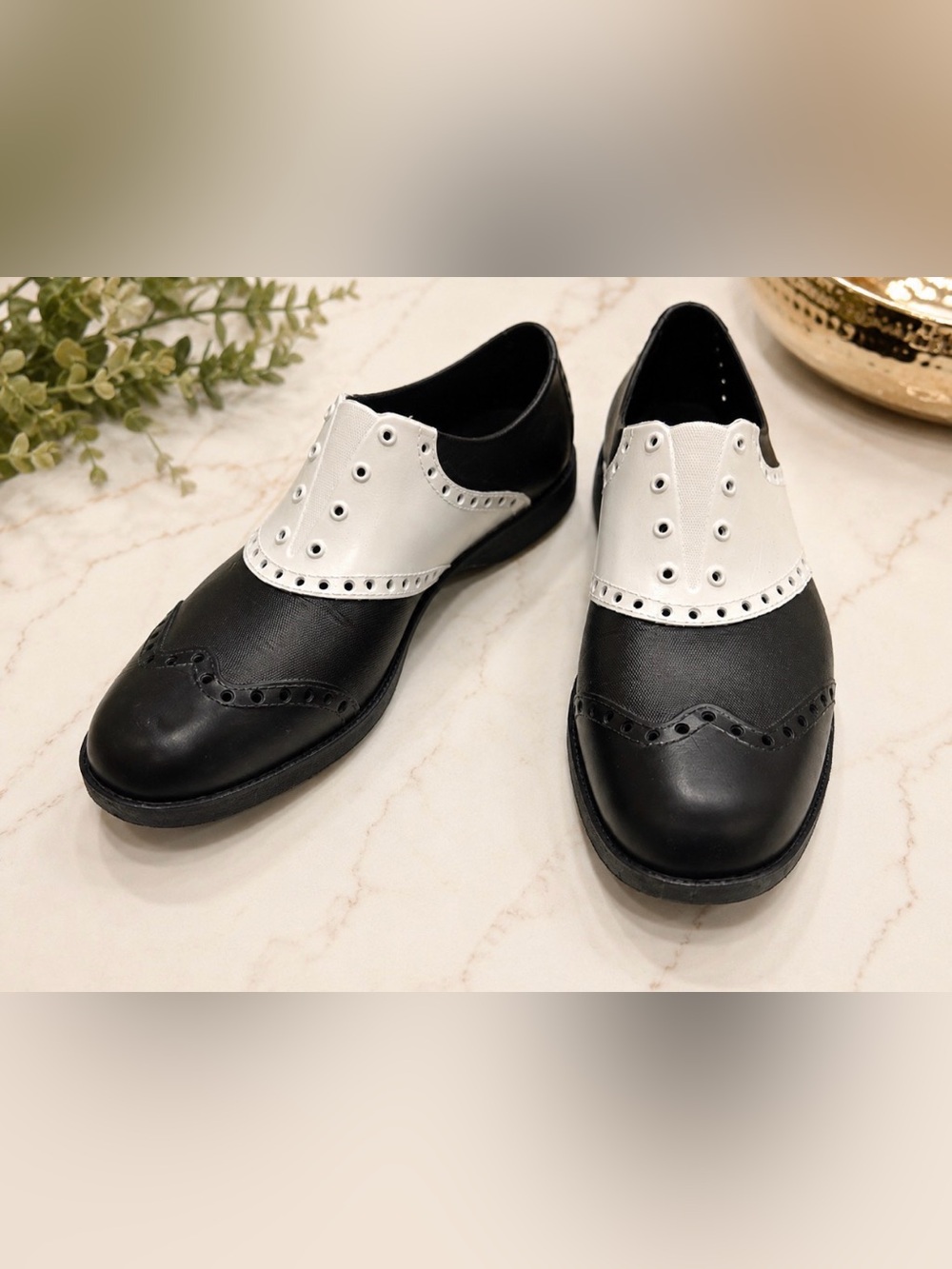 BIION Men’s Golf Shoes US 9 EU 42 Black White Waterproof Saddle Oxford Slip On